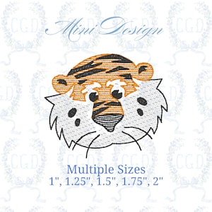 May include: An embroidered tiger face design with orange and black stripes, white fur, and black whiskers. The text "Mini Design" is above the tiger. The text "Multiple Sizes" is below the tiger, with size options from 1" to 2".