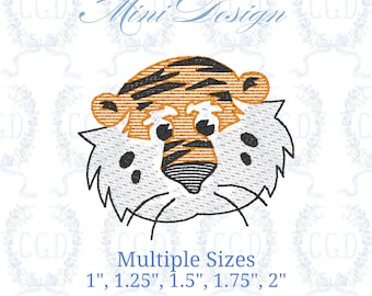 May include: An embroidered tiger face design with orange and black stripes, white fur, and black whiskers. The text "Mini Design" is above the tiger. The text "Multiple Sizes" is below the tiger, with size options from 1" to 2".