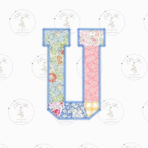 May include: A patchwork letter U made of colorful floral fabric with a blue stitched outline. The letter is on a white background.