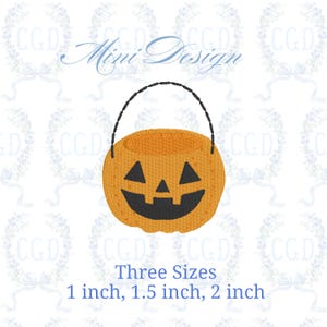 May include: An embroidered orange pumpkin basket with a black handle and a carved jack-o'-lantern face. The text "Mini Design" is above the pumpkin. The text "Three Sizes" and the sizes 1 inch, 1.5 inch, and 2 inch are below the pumpkin.