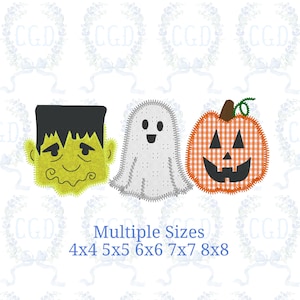 May include: Three embroidered Halloween designs featuring a green Frankenstein monster head, a white ghost, and an orange gingham pumpkin with a black jack-o'-lantern face. Text below reads Multiple Sizes 4x4 5x5 6x6 7x7 8x8.