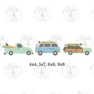 May include: Three embroidered designs of vintage cars with surfboards on top. The cars are a green pickup truck, a blue van, and a brown station wagon. The designs are available in four sizes: 4x4, 5x7, 6x6, and 8x8.