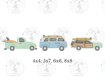 Vintage Summer Surfboard Caravan to the Beach Trio szkic wypełnienia, lekkie wypełnienie, szybki ścieg projekt haftu maszynowego pobierz plik cztery rozmiary