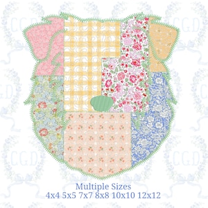 May include: A patchwork design in a shield shape, featuring various floral and gingham patterns in pink, yellow, and blue. A green, oval-shaped element is in the center. The text "Multiple Sizes" and size options are at the bottom.
