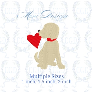 May include: An embroidered design of a seated beige dog holding a red heart in its mouth. The dog wears a red collar. Text at the bottom reads "Multiple Sizes" and lists sizes of 1 inch, 1.5 inches, and 2 inches.
