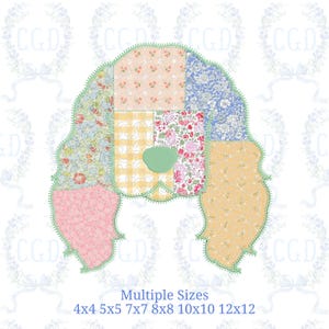 May include: A patchwork design in the shape of a head with floral and gingham patterns in pink, yellow, and blue. The design is outlined in green stitching. Text at the bottom reads "Multiple Sizes" and lists sizes from 4x4 to 12x12 inches.
