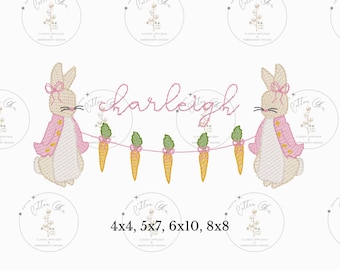Easter Bunny Peter Rabbit Banner sketch fill, light fill, quick stitch machine embroidery download file four sizes by Cotton Gin Digitizing