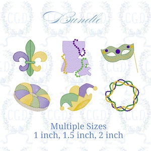 Op de afbeelding: Een verzameling geborduurde Mardi Gras-ontwerpen, waaronder een fleur-de-lis, een kaart van Louisiana met kralenkettingen, een masker, een koningscake, een narrenhoed en een kralenketting. De tekst "Bundle" en "Multiple Sizes" zijn ook inbegrepen.