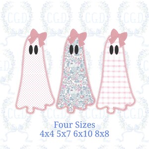 May include: Three ghost-shaped appliqués with pink bows and black oval eyes. The ghosts have different patterns: polka dots, floral, and plaid. The text "Four Sizes" and size dimensions are below the ghosts.