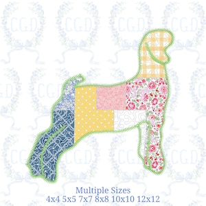 May include: A colorful dog silhouette design with a patchwork pattern. The design features various fabrics, including floral, polka dot, and plaid patterns. The outline is stitched with green thread, and the text "Multiple Sizes" and size dimensions are at the bottom.