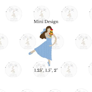 Op de afbeelding: Een blauwe jurk met een witte kraag en een rode en gele notenkrakerpop. De pop wordt vastgehouden door een vrouw met bruin haar. De tekst "Mini Design" en "1.25", 1.5", 2" staat onder de afbeelding.