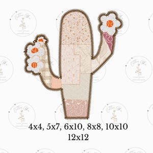 May include: A patchwork cactus embroidery design in shades of pink, beige, and brown with orange flower accents. The design is available in sizes 4x4, 5x7, 6x10, 8x8, 10x10, and 12x12 inches.
