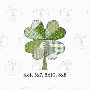 May include: A green four-leaf clover design with various patterns, including wavy lines and gingham. The clover is segmented into different sections, each with a unique texture. Text at the bottom reads "4x4, 5x7, 6x10, 8x8".