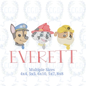 May include: Embroidery design featuring three cartoon dog faces: a police dog, a Dalmatian firefighter, and a construction pup. The name "EVERETT" is displayed in red, along with size options: 4x4, 5x5, 6x10, 5x7, and 8x8 inches.