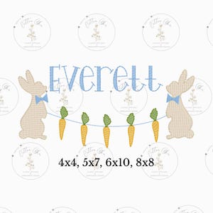 Pode incluir: Design bordado com um coelho segurando uma cenoura, uma linha de cenouras e o nome Everett. O design está disponível em quatro tamanhos: 4x4, 5x7, 6x10 e 8x8 polegadas.