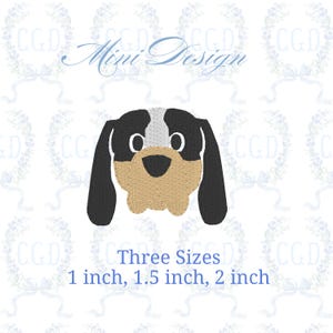 May include: Embroidered dog face design with black ears, a tan muzzle, and white accents. The text "Mini Design" is above the dog's face. Below the dog's face, the text reads "Three Sizes" and lists the sizes as 1 inch, 1.5 inch, and 2 inch.