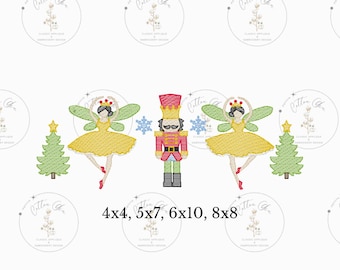 Nutcracker and Sugar Plum Fairy sketch fill, quick stitch machine embroidery design download file Cotton Gin Embroidery 4x4, 5x7, 6x10, 8x8