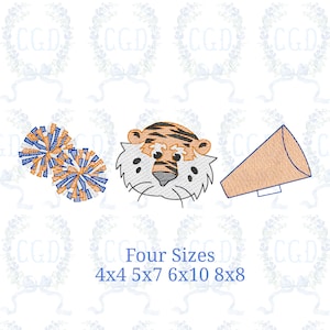 May include: An embroidered design featuring a tiger head, pom-poms, and a megaphone in orange, white, and blue. The text "Four Sizes" is displayed below the images, with size options 4x4, 5x7, 6x10, and 8x8.