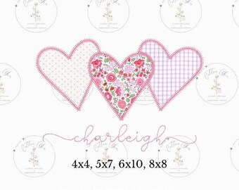 May include: Three pink hearts with different patterns. The heart on the left has a white polka dot pattern, the heart in the middle has a floral pattern, and the heart on the right has a light purple gingham pattern. The text "charleigh" and "4x4, 5x7, 6x10, 8x8" is below the hearts.