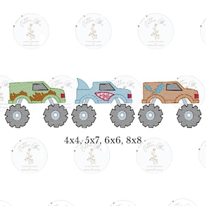 Puede incluir: Tres diseños de bordado de camión monstruo en verde, azul y marrón. Los diseños están disponibles en cuatro tamaños: 4x4, 5x7, 6x6 y 8x8.