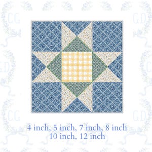 May include: Square quilt block with a star pattern. The design features blue, yellow, green, and cream-coloured fabrics. Sizes available: 10, 12, 18, 20, 25, and 30 cm. The block has a gingham centre and a detailed border.