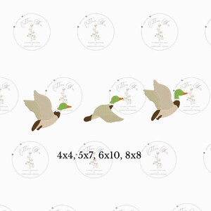 May include: Embroidered duck designs in flight, featuring green heads, tan bodies, and brown accents. The image includes the text "4x4, 5x7, 6x10, 8x8" and a logo with the text "Cotton Gir". These designs are suitable for embroidery projects.