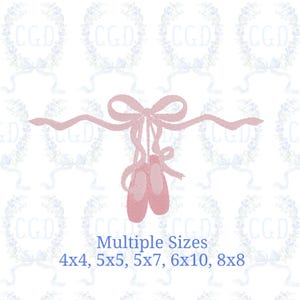May include: A pink illustration of ballet shoes with a ribbon bow. The text "Multiple Sizes" is below the shoes, followed by size dimensions: 4x4, 5x5, 5x7, 6x10, 8x8. The background has a repeating pattern of floral wreaths.
