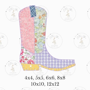 May include: A patchwork design of a cowboy boot with a pink, yellow, blue, and purple colour scheme. The boot is outlined in black and has a yellow toe. The image includes the text "4x4, 5x5, 6x6, 8x8, 10x10, 12x12".