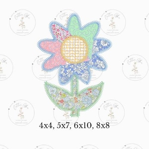 May include: A colorful patchwork flower applique with a green stem and leaves. The flower is made up of different floral patterns in pink, blue, green, and yellow. The applique is perfect for quilting, sewing, or crafting projects.