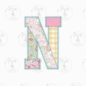 Diseño de bordado a máquina con apliques de letra inicial N de la universidad, patchwork acolchado, de Cotton Gin Embroidery, tamaños de aro de 4, 5, 6, 7, 8, 9 y 10 pulgadas