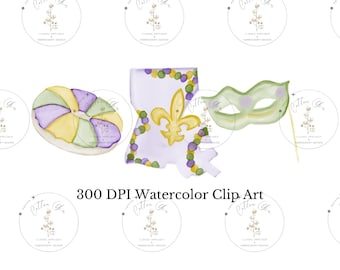 May include: Watercolor clip art set featuring a purple, yellow, and green Mardi Gras donut, a purple and green mask, and a purple outline of the state of Louisiana with a gold fleur-de-lis. The text "300 DPI Watercolor Clip Art" is included in the image.