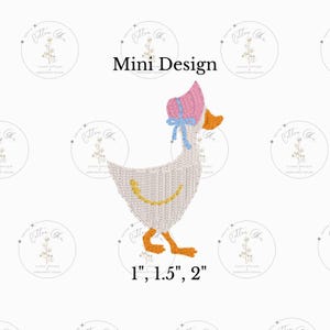 May include: A white goose with a pink and blue bonnet, yellow beak, and orange feet. The goose is standing on a white background. The text "Mini Design" and "1", "1.5", "2" are below the goose.