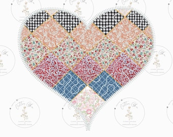 Op de afbeelding: Een patchwork hartontwerp met een verscheidenheid aan bloem- en geometrische patronen in tinten rood, blauw, roze en wit. Het hart is omlijnd met een wit stikdetail.