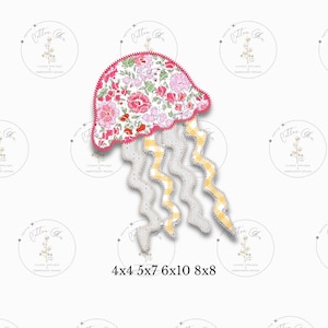 May include: A pink and white floral jellyfish with yellow and white striped tentacles. The jellyfish is a digital embroidery design available in sizes 4x4, 5x7, 6x10, and 8x8 inches.