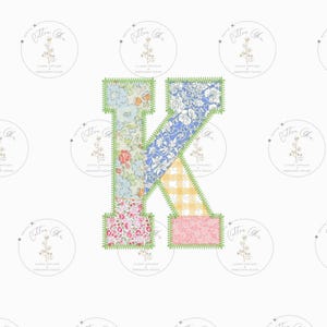 May include: A patchwork letter K made of colourful fabric squares with a green stitched border. The letter is on a white background.
