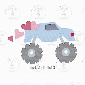May include: A blue monster truck with red and pink hearts in the bed. The truck has large gray wheels with a gear design. The text "4x4, 5x7, 6x10" is below the truck.