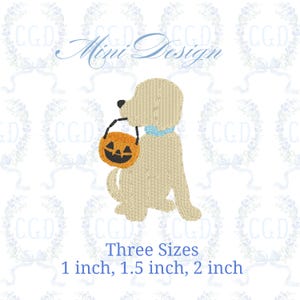 May include: An illustration of a light tan dog holding an orange jack-o'-lantern bucket. The dog wears a blue collar. Text at the bottom reads "Three Sizes" and lists sizes of 2.5, 3.8, and 5.1 cm.