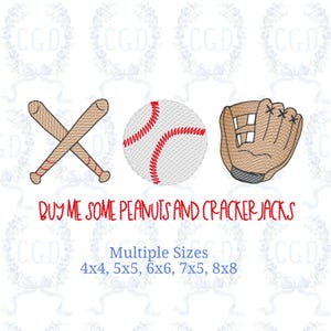 May include: An embroidered design featuring crossed baseball bats, a baseball with red stitching, and a baseball glove. The text "BUY ME SOME PEANUTS AND CRACKER JACKS" is in red. Multiple sizes are available.