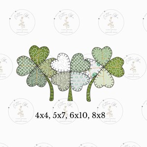 May include: Four green shamrock designs with a patchwork pattern. The shamrocks are outlined in black and have a green stem. The text "4x4, 5x7, 6x10, 8x8" is below the shamrocks.