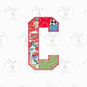 May include: A red, white, and blue patchwork letter C with a red stitched border. The letter is made of different fabrics with floral, geometric, and plaid patterns.