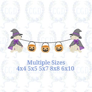 May include: An embroidered Halloween design showing two dogs in witch hats and capes, with a string of jack-o'-lanterns between them. The design includes the text "Multiple Sizes" and size options: 4x4, 5x5, 5x7, 8x8, and 6x10.