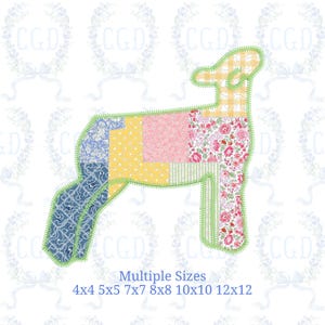 May include: A patchwork lamb design with a green outline. The lamb is made up of various fabric patterns, including floral, gingham, and polka dots. The text "Multiple Sizes" and size options are displayed below the lamb.