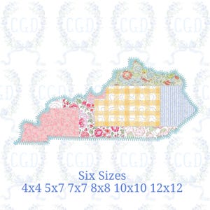May include: A patchwork design in the shape of Kentucky, featuring various floral and patterned fabrics in pink, yellow, and blue. The outline is trimmed with a light blue scalloped edge. Text at the bottom indicates six available sizes.