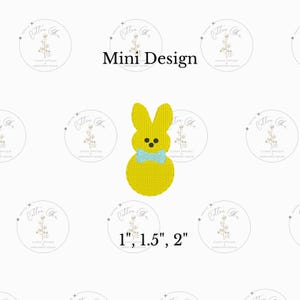 May include: A yellow bunny-shaped peep with a blue bow tie. The image shows three sizes: 1 inch, 1.5 inches, and 2 inches.
