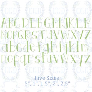 May include: A complete alphabet in uppercase and lowercase, rendered in a light green, whimsical font. The text "Five Sizes" is below, followed by size measurements in inches: .5", 1", 1.5", 2", 2.5". The background features a repeating floral pattern.