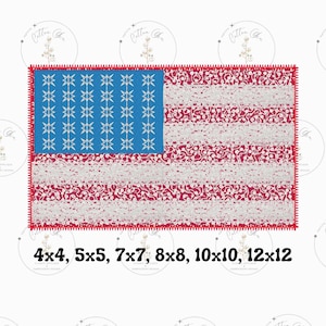 Op de afbeelding: Een digitaal ontworpen Amerikaanse vlag met een rood-witte achtergrond met patronen en een blauw vierkant met witte sterren. De vlag is omlijst met een rode zigzagrand. De tekst onderaan luidt "4x4, 5x5, 7x7, 8x8, 10x10, 12x12".