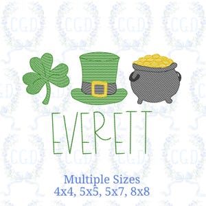 Shamrock Leprechaun Hat Pot of Gold St Patricks Day Trio sketch fill light quick stitch machine embroidery design download file  four sizes