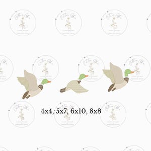 May include: A set of three embroidery designs featuring flying ducks. The designs are available in four sizes: 4x4, 5x7, 6x10, and 8x8 inches.