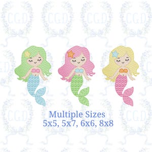 Puede incluir: Tres diseños de sirenas bordadas con diferentes colores de cabello y cola. Las sirenas tienen cabello verde, rosa y amarillo, con estrellas a juego. Las colas son azules, verdes y rosas. El texto "Multiple Sizes" y las opciones de tamaño están debajo.