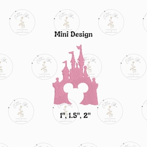 May include: A pink embroidered castle design with a Mickey Mouse silhouette in the center. The design is labeled "Mini Design" and is available in 1", 1.5", and 2" sizes. The background features a repeating pattern of circular logos.